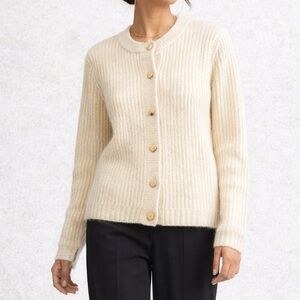Vintage Cream Yellow Mohair Blend Cardigan Ribbed Button Sweater Coquette Chic